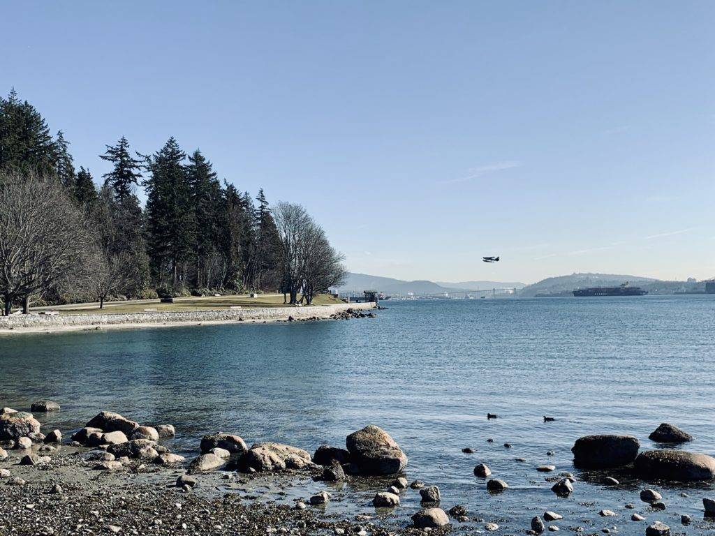 Views from seawall path around Stanley Park Vancouver Canada of harbour, park and seaplane