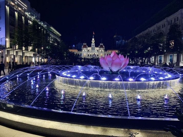 Nguyen Walking Street and views of Ho Chi Minh People’s Committee Building (City Hall) at night time