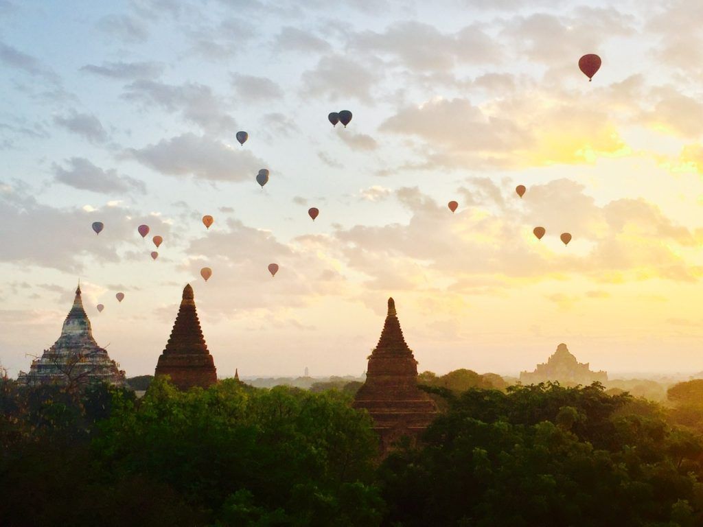 Hot air balloons over Bagan Temples, Myanmar